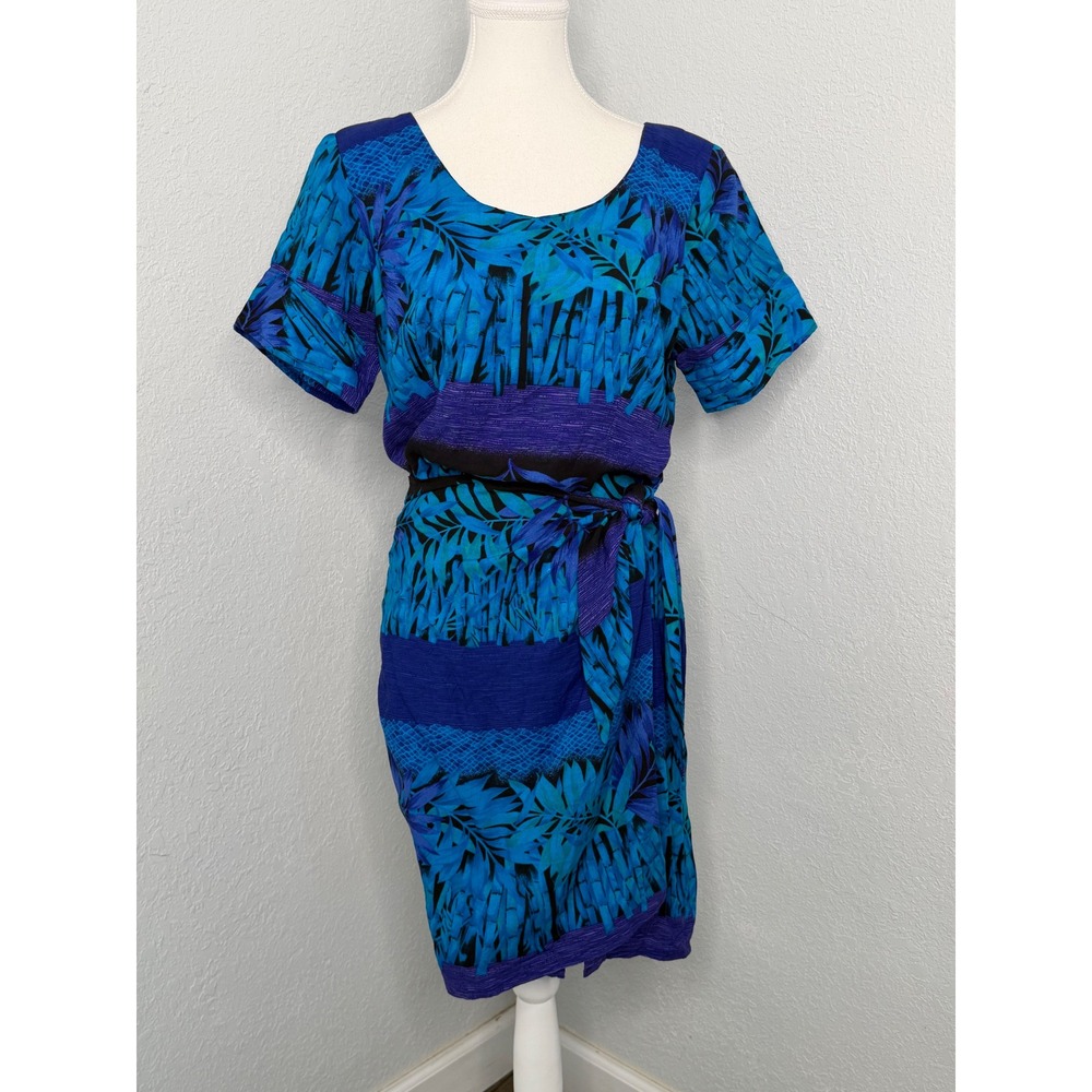 Vintage 80s Tropical Leaf Bamboo Print Blue Purple Tie Waist Sheath Dress